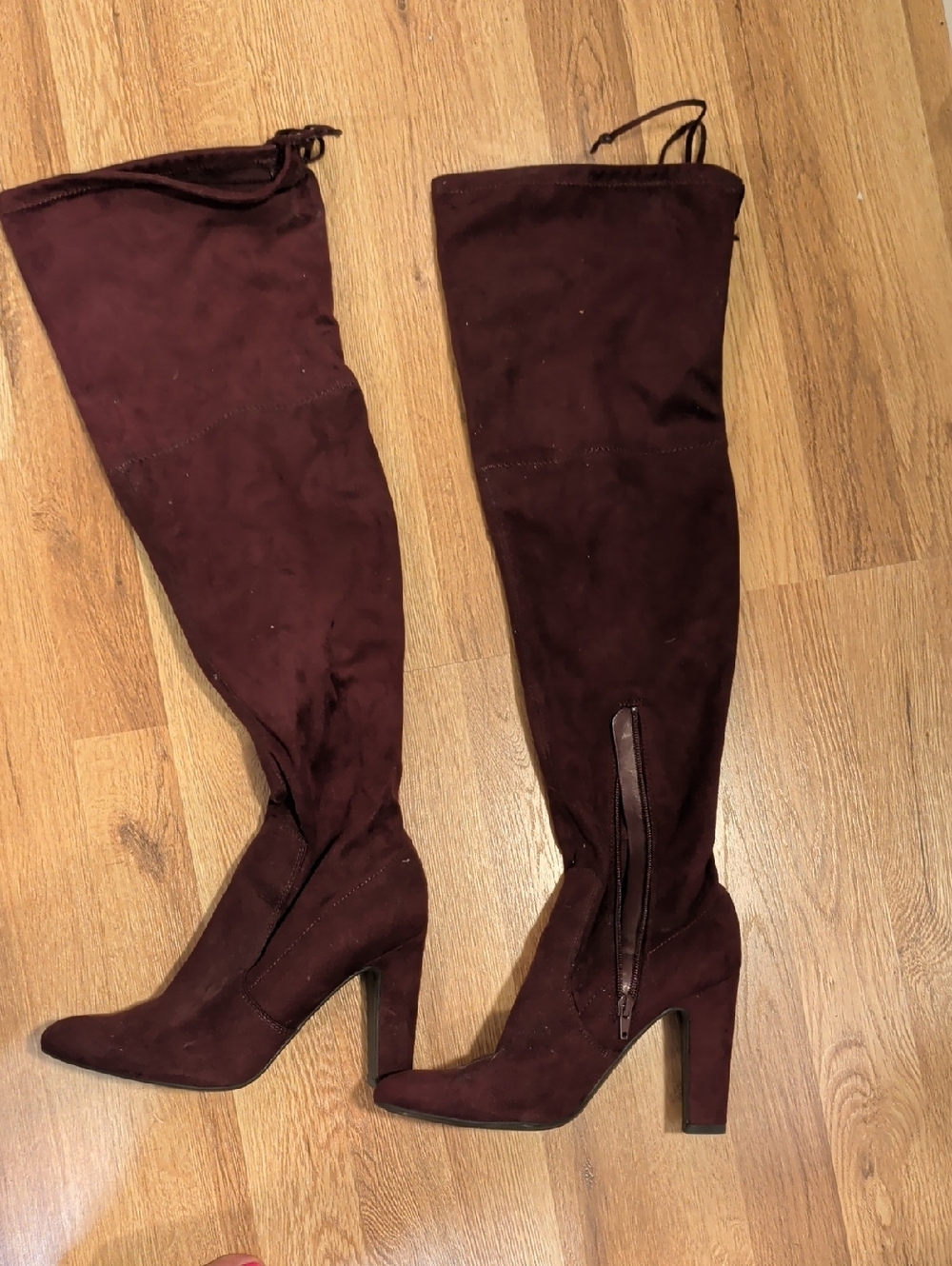 Over-the-Knee Block Heel Boots in Deep Burgundy